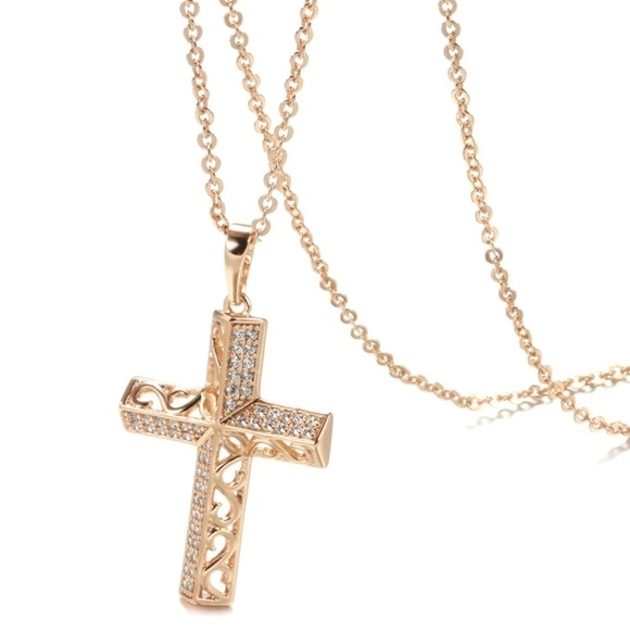 NEW Rose Gold 3D Grade AAA Zircon Cross Necklace - Picture 4 of 4